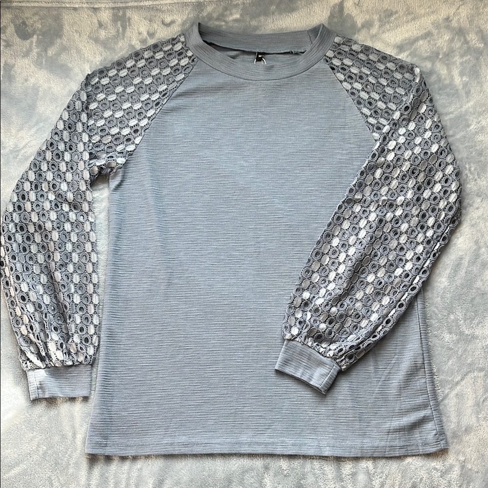 Women's Blue Gray Long Sleeve Textured Top